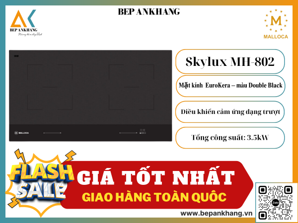 Bếp từ 2 vùng nấu Malloca Skylux MH-802 - Mặt kính Eurokera Pháp